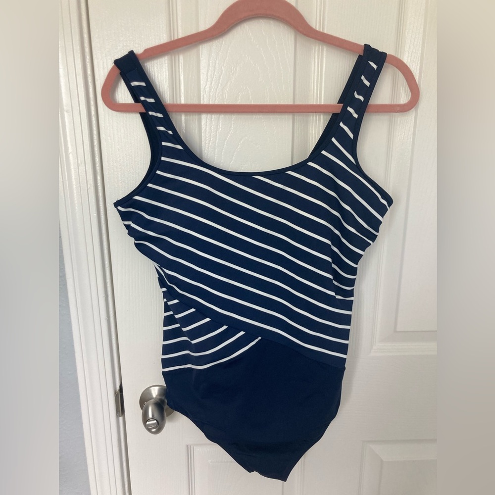Lands End blue and white striped swimsuit size 14p